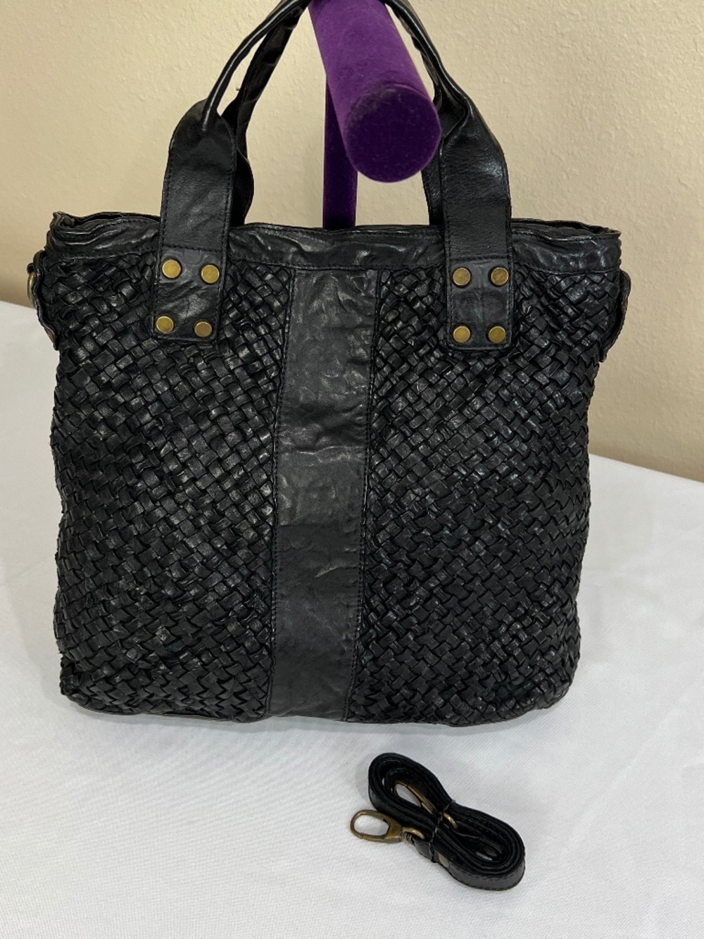Made In Italy Dixie Crinkled Braided Leather Tote Should Crossbody Bag NWOT